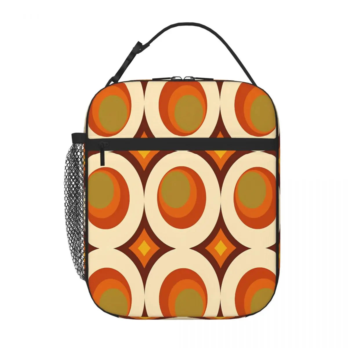 Front view of the geometric lunch bag with its zipped exterior pocket
