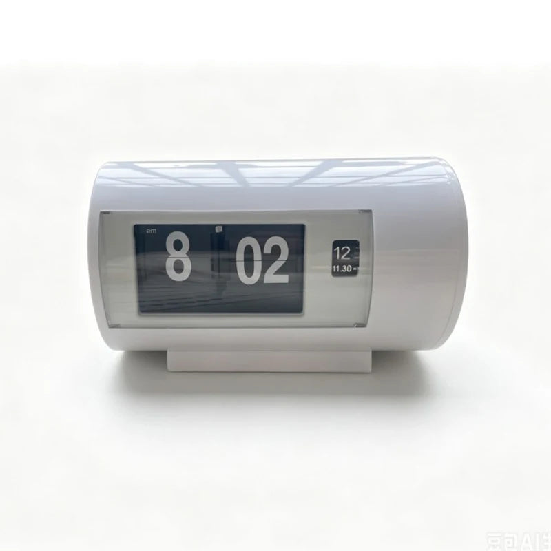 White retro desk clock with an AM/PM time display