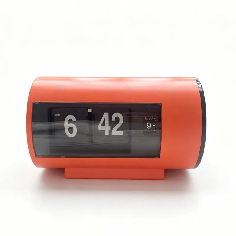 Orange retro desk clock with a black flip-style time display