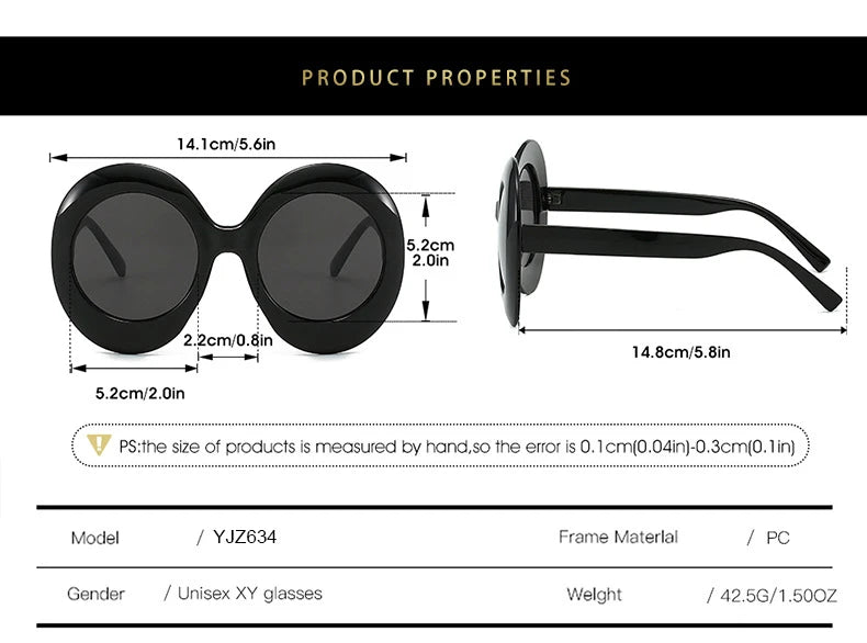 Supplier measurement diagram for round sunglasses with a 141 mm total width
