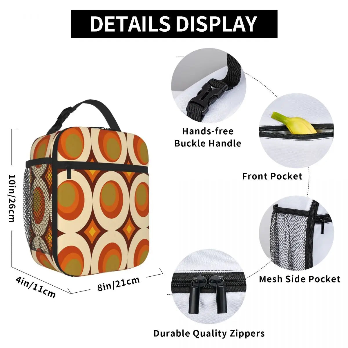 Supplier diagram showing the lunch bag at approximately 26 by 21 by 11 cm