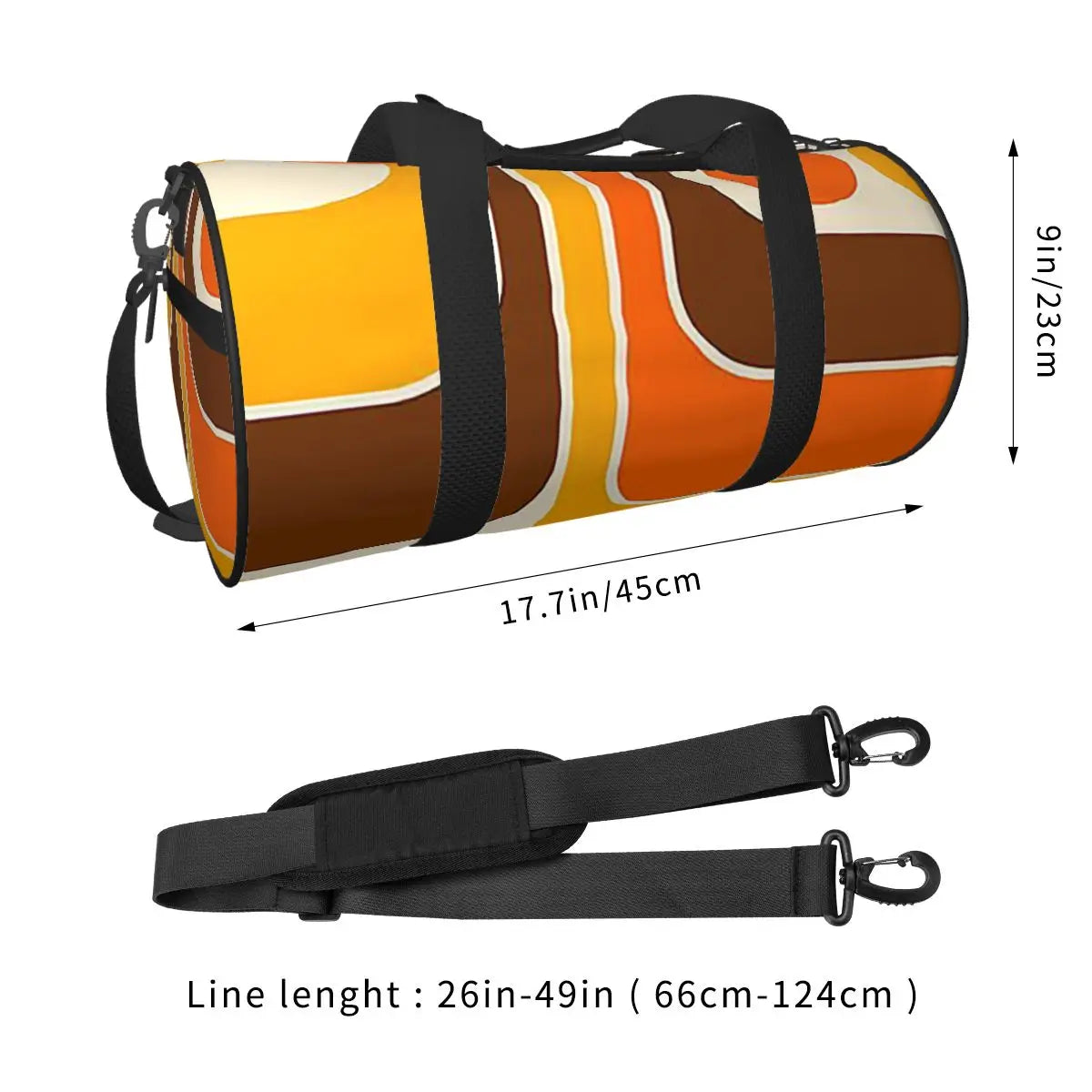 Supplier size image showing a 45 cm long duffel and adjustable shoulder strap