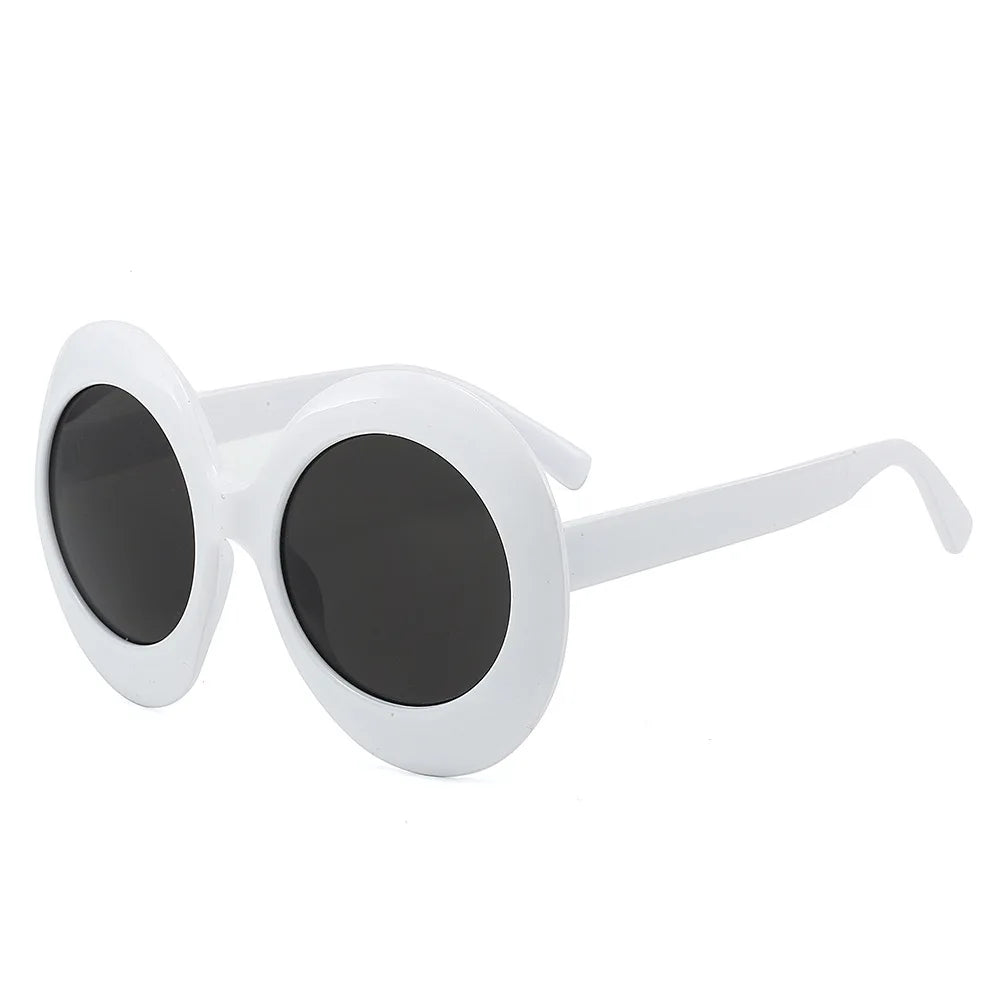 Oversized round white sunglasses with dark lenses