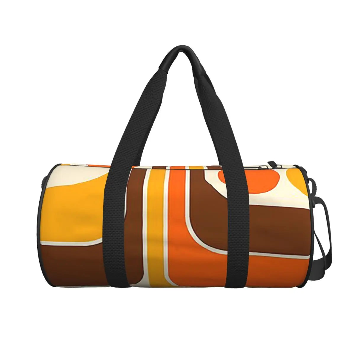 Orange, mustard and brown geometric duffel bag with black carry handles