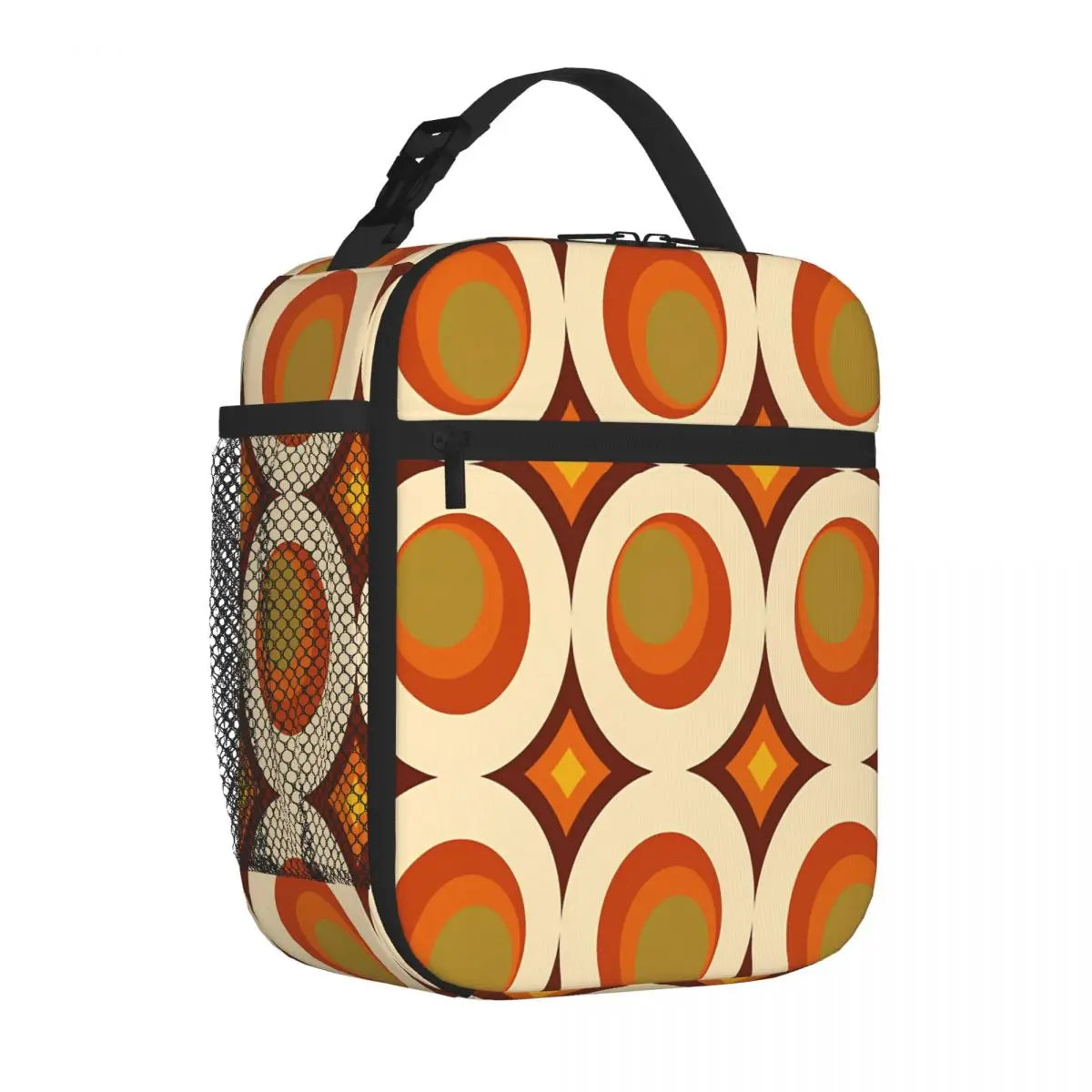 Orange, cream and brown geometric lunch bag with a black carry handle and mesh side pocket
