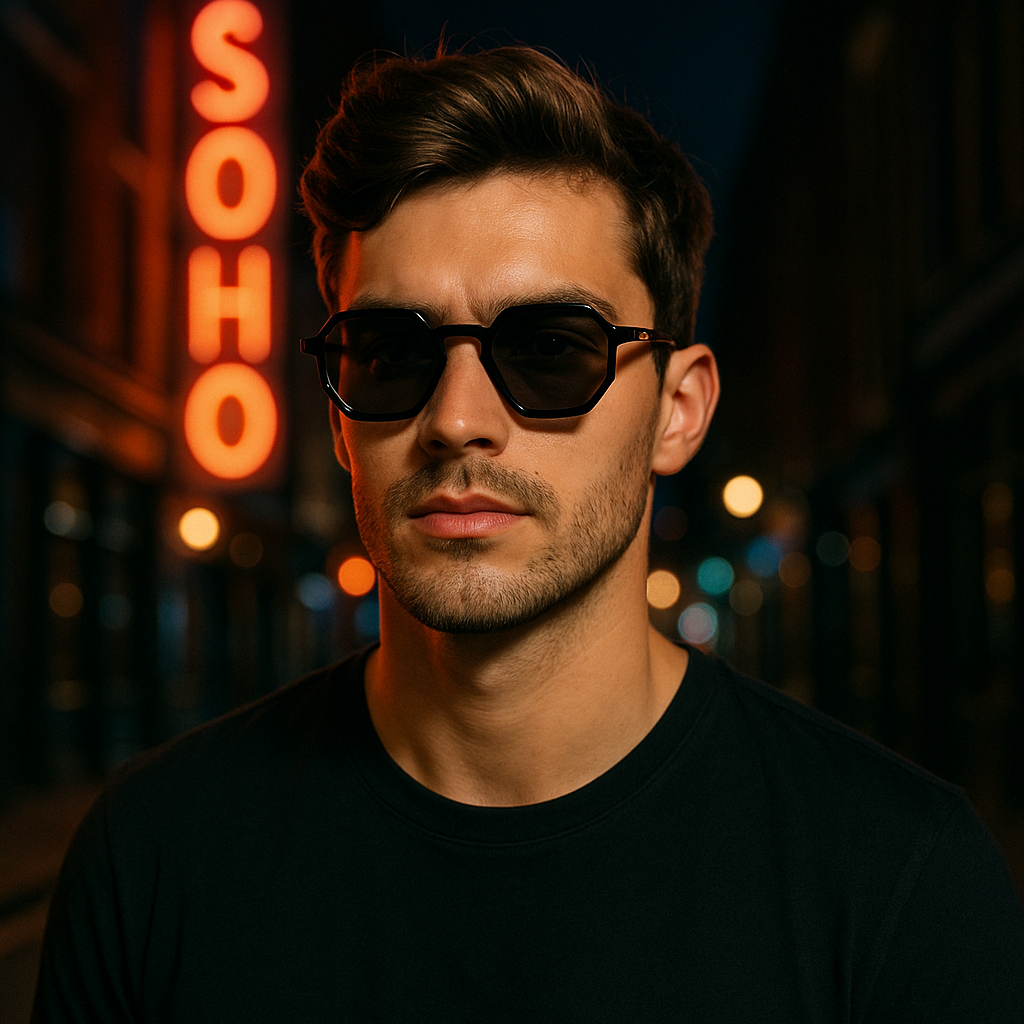 Soho Nights octagon black sunglasses on man under neon city lights