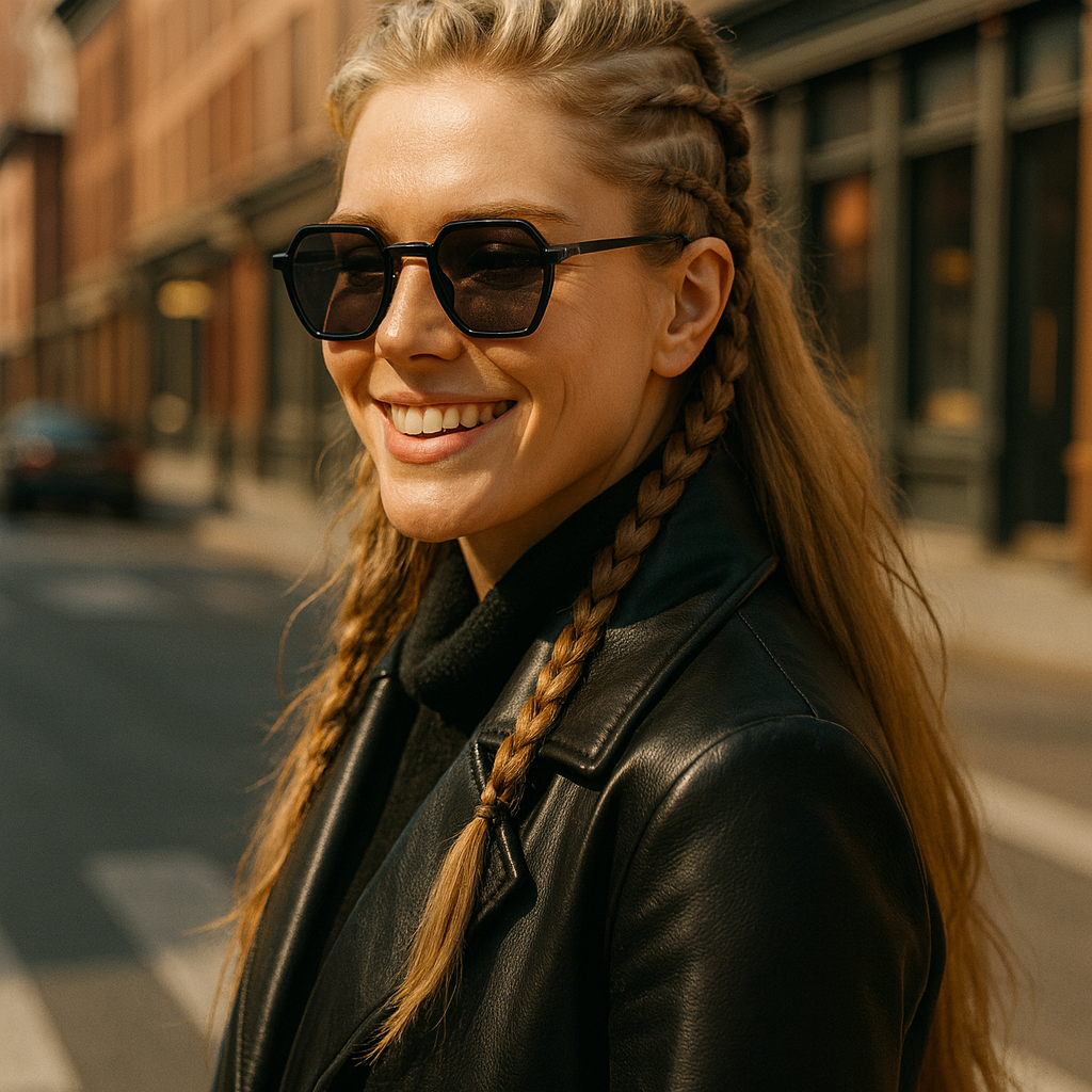 Soho Nights retro octagon black sunglasses on woman in vintage urban street