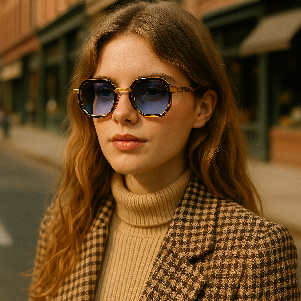 Soho Nights octagon tortoiseshell sunglasses with blue lenses in retro styled setting