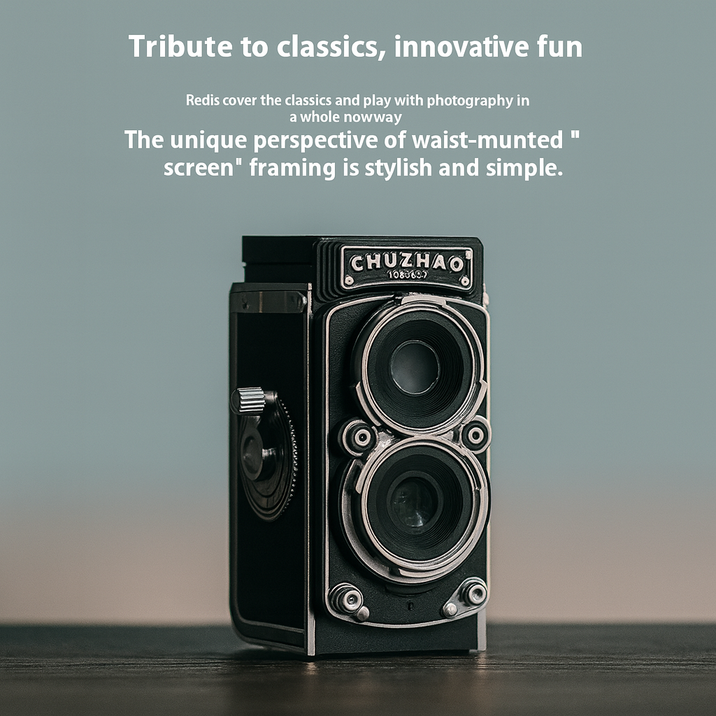 Retro toy digital camera with classic twin-lens reflex design and promotional text