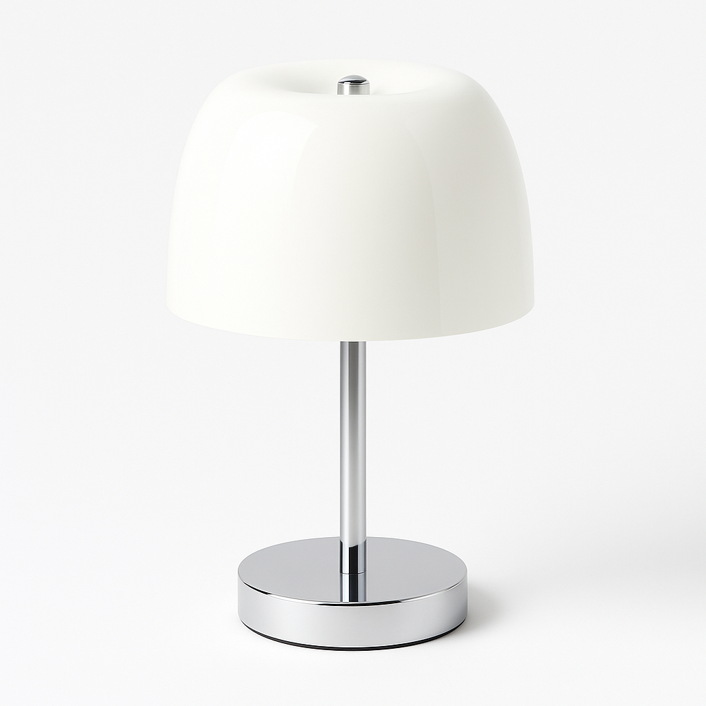 White mushroom retro lamp with chrome stem and base, isolated on white background