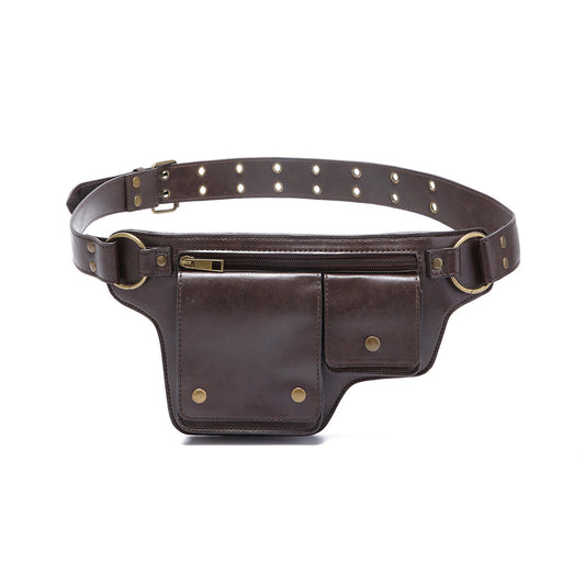 Dark brown utility waist bag with adjustable belt on white
