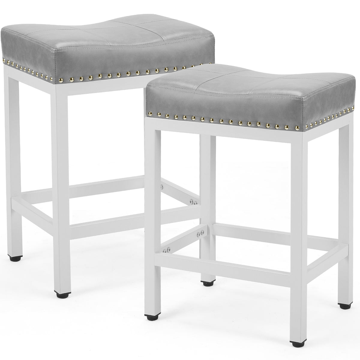 Pair of gray upholstered saddle stools with white frames