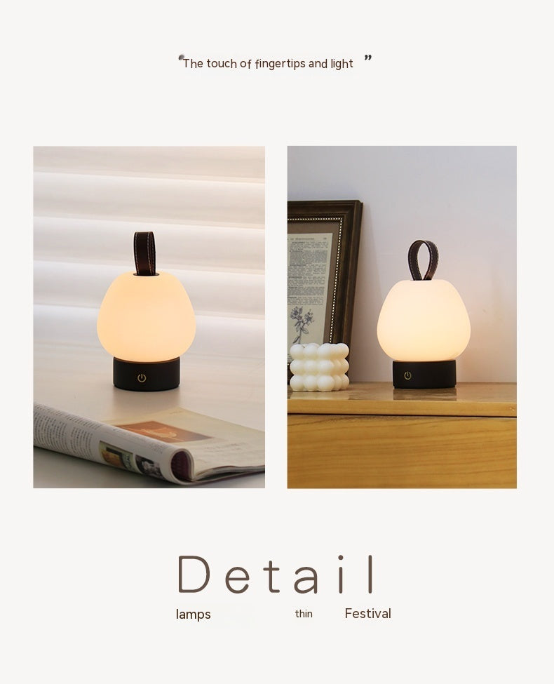 Pear lamp on a desk and bedside table with supplier detail captions