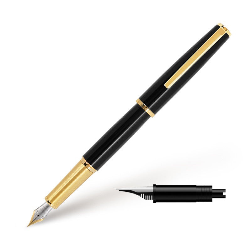 Black fountain pen with gold-tone trim and a separate nib assembly