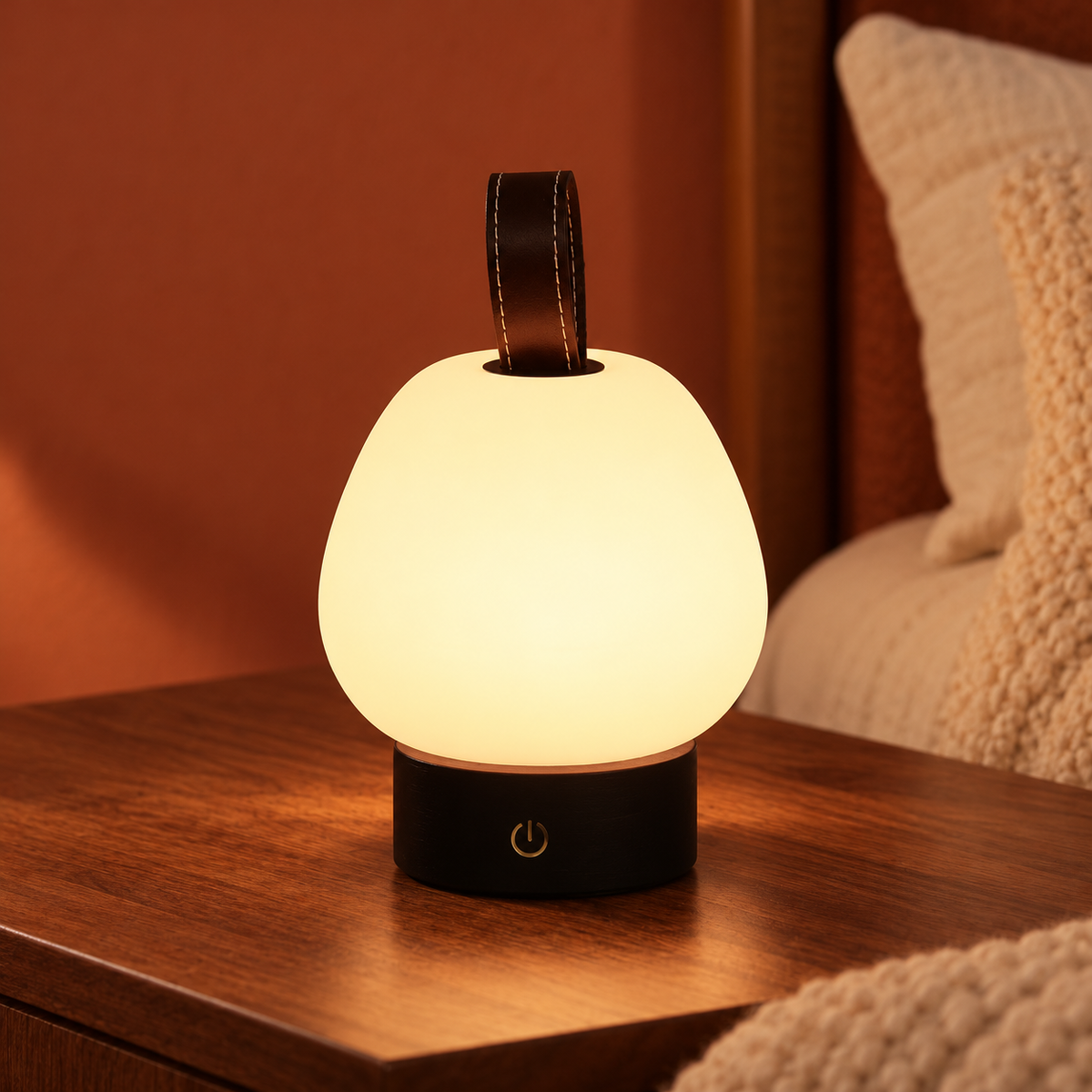 Pear-shaped LED table lamp glowing on a walnut bedside table with a terracotta wall