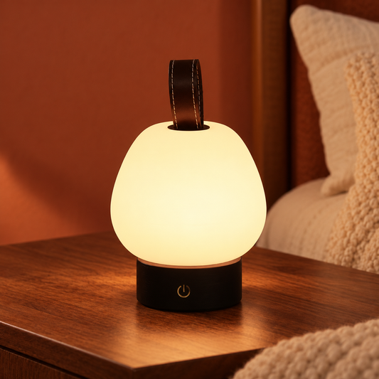 Pear-shaped LED table lamp glowing on a walnut bedside table with a terracotta wall